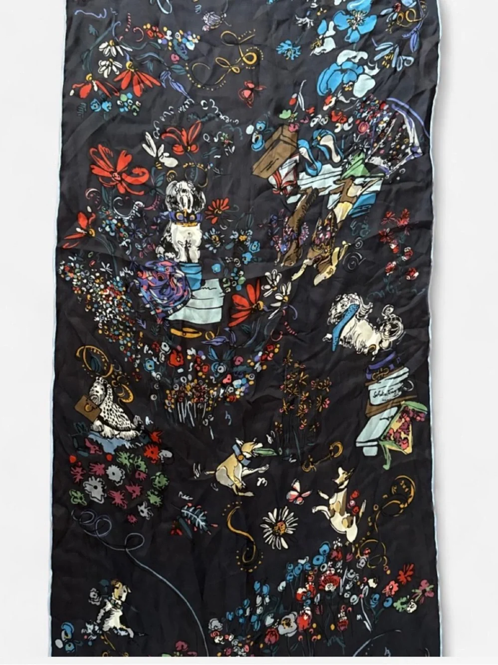 Salvatore Ferragamo silk scarf whimsical dog floral old money quiet luxury chic
